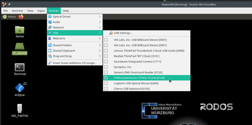 Screenshot: Durchleiten eines per USB verbundenen DiscoveryBoards bei laufener VM.