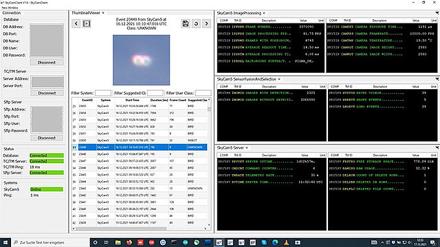 Hinter SkyCAM-5 steht eine komplexe Software-Architektur. Hier der Client mit den Reports über die Beobachtungen und deren Klassifizierung.